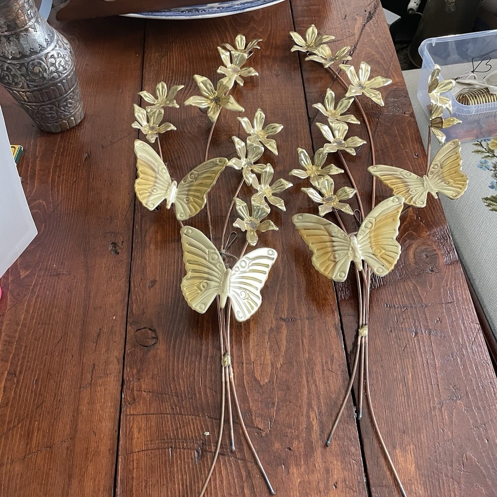 Vintage set of 2 Home Interior Metal Floral Butterfly Home Decor Wall Swags 24"